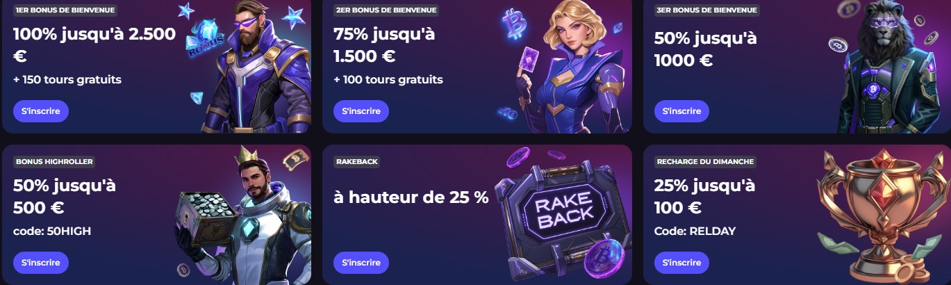 Promotions régulières Cryptoleo Casino : Sunday Reload, Rakeback et bonus Highroller.