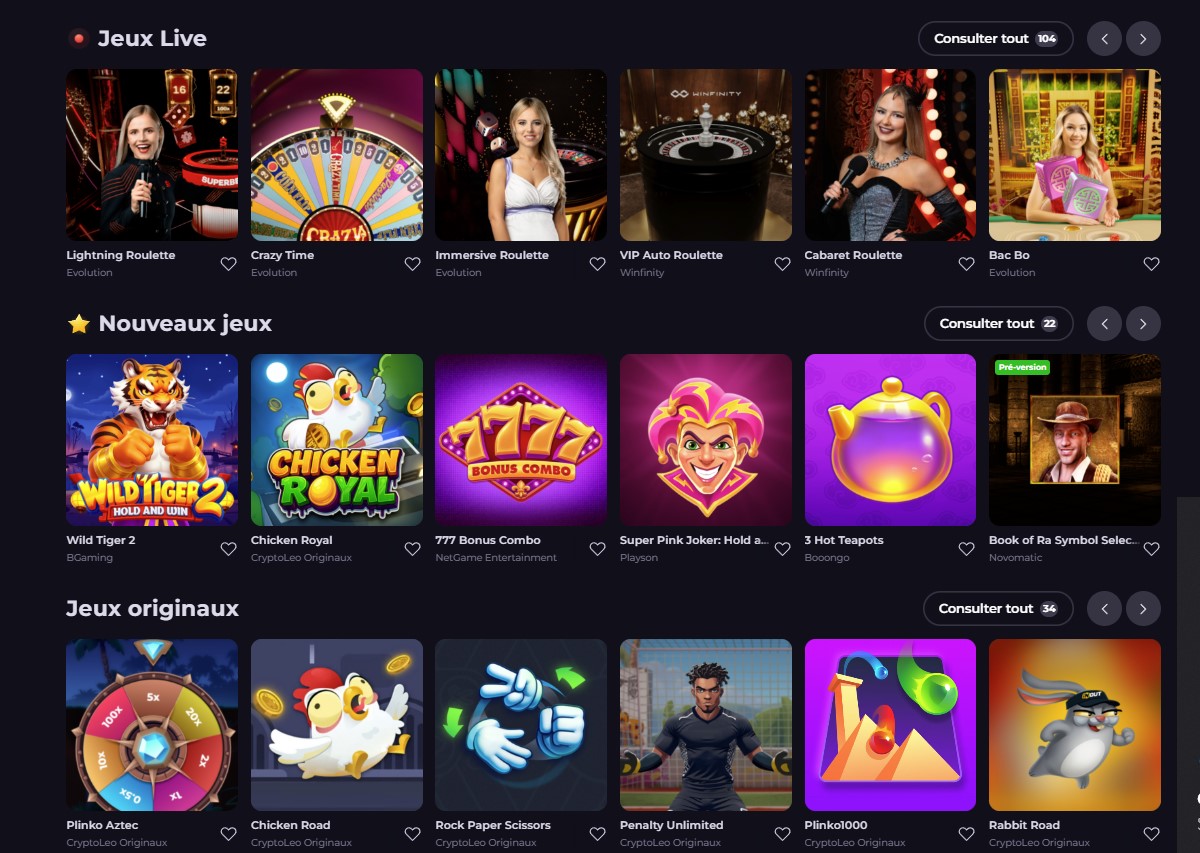 Catalogue de jeux de casino Cryptoleo : machines à sous, jeux de table, live casino et mini-jeux.
